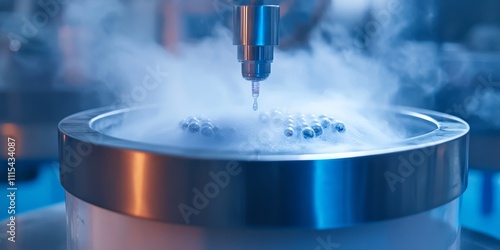 Close up of a tank containing liquid nitrogen, utilized for storing embryos in IVF procedures at a clinic, highlighting the importance of liquid nitrogen in embryo preservation. photo