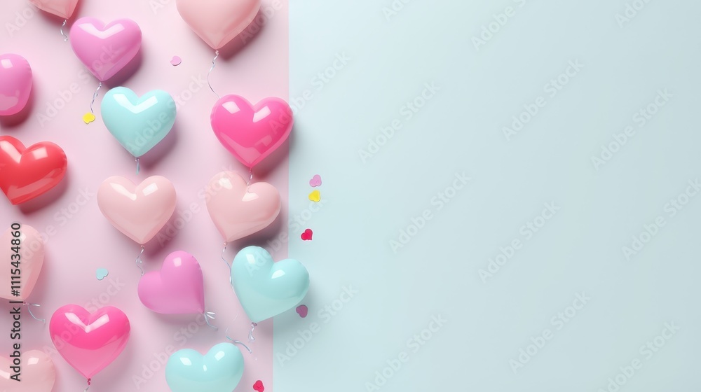 Fototapeta premium Vibrant Flat Lay of Various Sized Heart Balloons on a Light Background Perfect for Celebrations, Parties, and Event Decorations