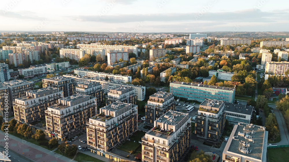 Obraz premium Apartment complex with sunset city backdrop
