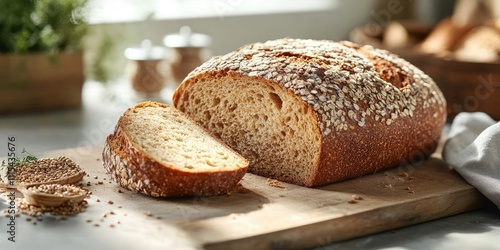 Tasty whole grain bread displayed on a cutting board, showcasing the texture and freshness of whole grain bread, perfect for health conscious food lovers seeking whole grain bread ideas. photo