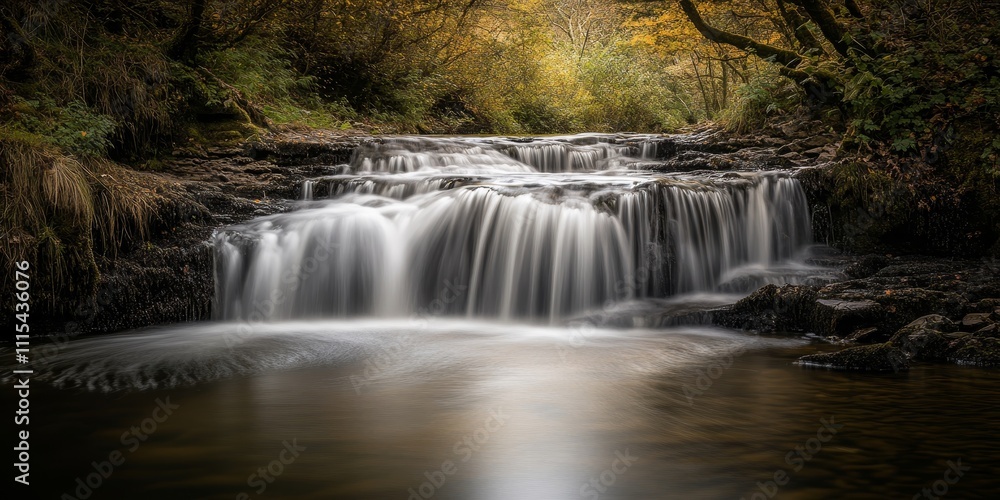Fototapeta premium Long exposure of a waterfall cascading along the Eller Beck river, showcasing the beauty of flowing water in a serene natural setting near a train station.
