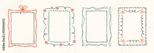 Hand Drawn frame set with doodle bows, ribbons. Whimsical line borders for birthday, christmas, wedding Invitations. Coquette bow set. Vintage minimalist elements in trendy line art style. Vector illu