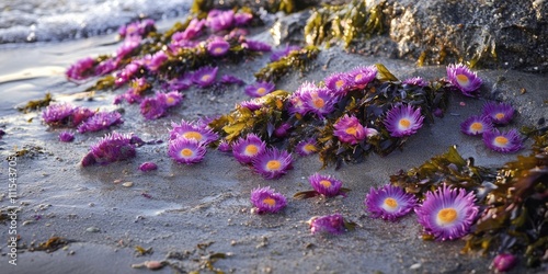 Anemones scattered across sandy shores create a vibrant scene, highlighting the beauty of anemones on the beach. Experience the delightful presence of anemones in this coastal setting.