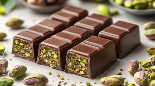 A stunning arrangement of rich dark chocolate pieces reveals a delicious surprise of roasted pistachios inside, set against a backdrop of scattered nuts and green shells photo