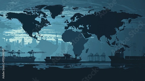 Wallpaper Mural Global shipping, cargo ships at port, world map background. Torontodigital.ca