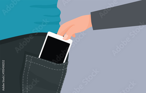 A thief hand stealing smartphone from back pocket of pant