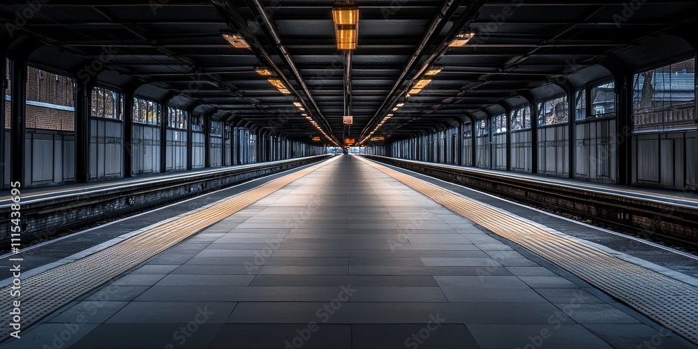 Obraz premium Deserted railway platform showcasing the essence of a quiet station. This empty platform evokes feelings of solitude and anticipation in the realm of travel and transportation.