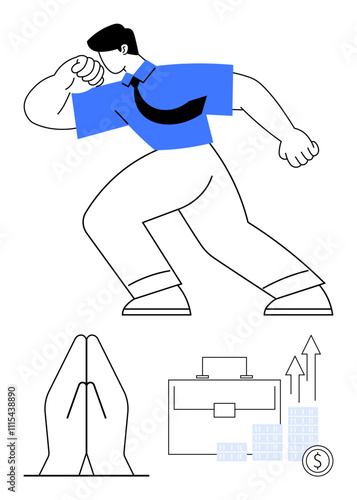 Businessman standing confidently with flexed arm, briefcase, graphs, dollar coin, and praying hands. Ideal for business growth, career success, financial planning, motivation strategy