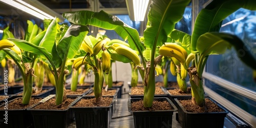 Cultivating banana plants in a biotechnology laboratory environment focuses on innovative food production techniques and advancements in biotechnology for sustainable banana growth. photo