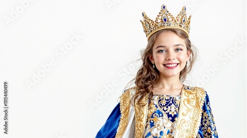 Purim. Little girl dressed as Queen Esther in colorful Purim costume, smiling happily photo