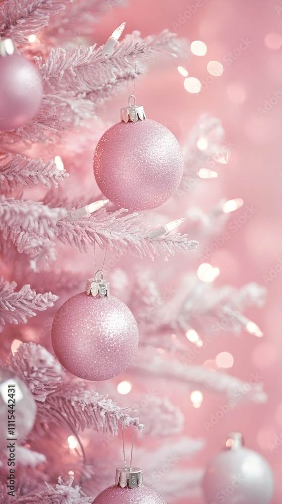 pink christmas tree with sparkling ornaments, festive holiday decor. dreamy winter celebration concept pink christmas tree with sparkling ornaments, festive holiday decor. dreamy winter celebration concept