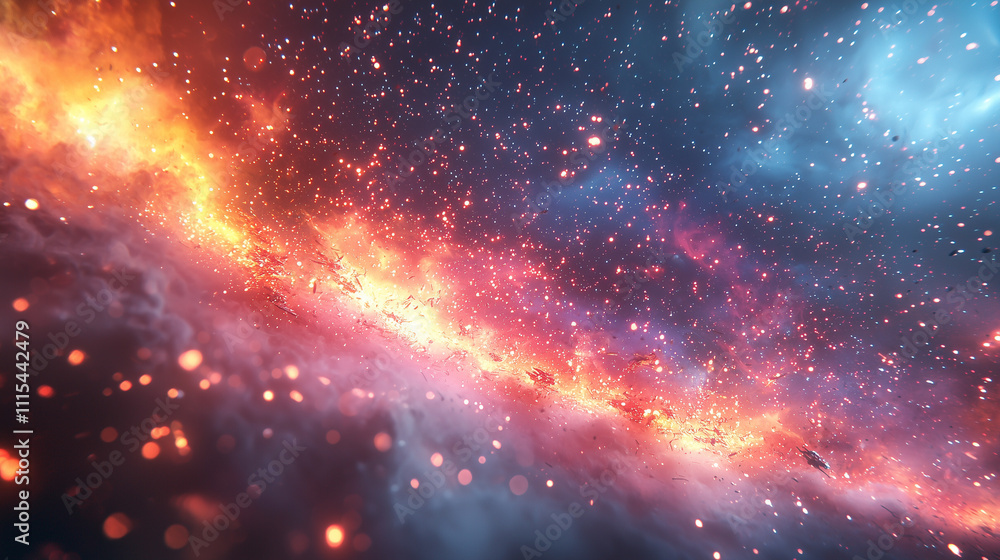 Fototapeta premium cosmic battlefield lit by a swirl of fiery and icy hues with ships engaged in an intense clash