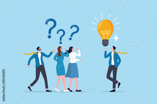 Question answer, advice or suggestion, solving problem with solution, q and a or faq, quiz or solution discovery, information guidance concept, businessman offer solution for people question marks.