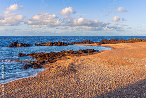 beautiful pink and orange sand beash with black stones and sea surf waves lansacspe with anazing clousy sunset or sunrise sky on background photo