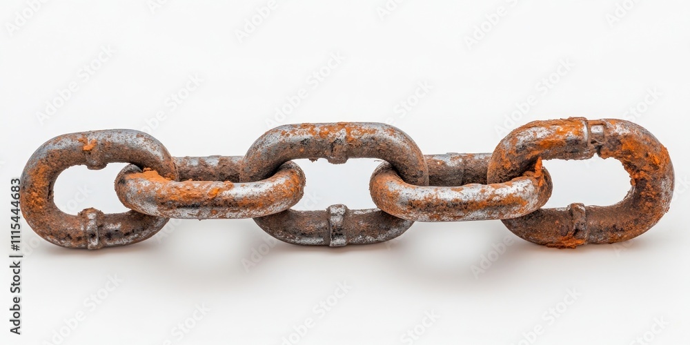Worn and dirty chain resting on a white background, emphasizing the texture and condition of the dirty chain, perfect for showcasing wear and industrial themes in photography. Worn and dirty chain resting on a white background, emphasizing the texture and condition of the dirty chain, perfect for showcasing wear and industrial themes in photography.
