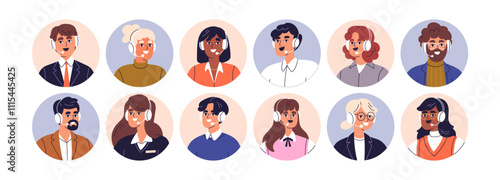 Call center and hotline agents. Help desk, face avatars set. Customer service, support centre representatives, helpdesk workers, head portraits. Flat vector illustrations isolated on white background