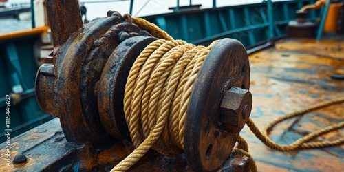 Mooring winch with mooring windlass, featuring rope and anchor engaged on ship s deck. The wire rope and rope are neatly coiled in the drum, ready for action at the shipyard.