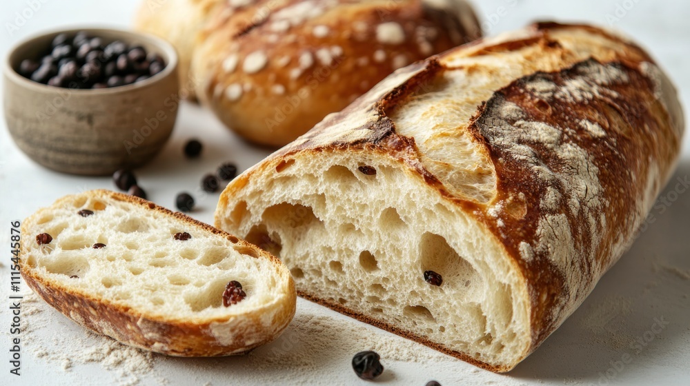 Rustic sourdough bread with berries, sliced, showing airy crumb. Rustic sourdough bread with berries, sliced, showing airy crumb.