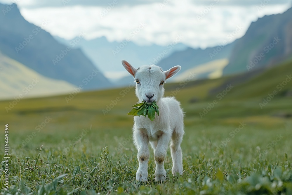 Obraz premium Adorable Baby Goat Grazes on Lush Grass in Mountain Pasture, Enjoying Serene Nature Scenery. Wildlife Beauty.