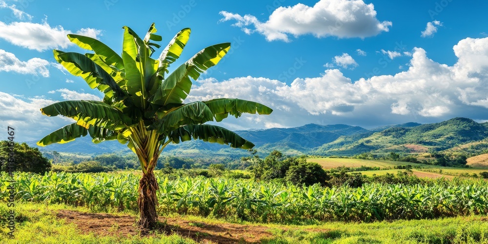 Naklejka premium Banana tree thriving in a vibrant field setting, showcasing the beauty of banana tree growth in a natural environment, highlighting the flourishing characteristics of the banana tree.