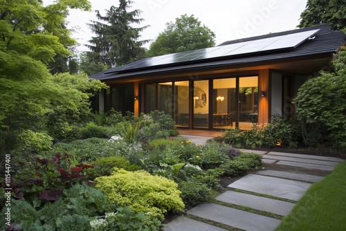 Modern home with solar panels and lush garden.