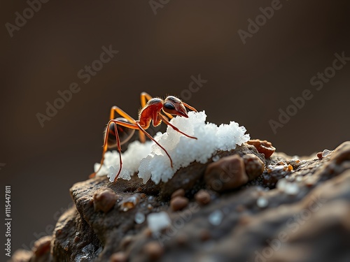 there is a red ant that is standing on some snow. photo