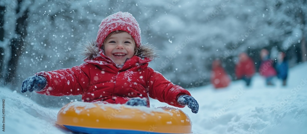 A young girl in a red coat and hat smiles happily as she rides a snow tube down a snowy hill. A young girl in a red coat and hat smiles happily as she rides a snow tube down a snowy hill.