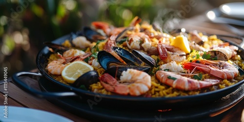 Delicious homemade seafood paella beautifully arranged on a table, ready to be served, capturing the essence of homemade seafood paella in a charming outdoor setting.