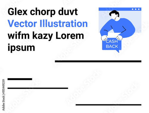 Person holds Cash Back sign within interface window and placeholder text elements. Ideal for finance, cashback promotions, web interfaces, advertisements, marketing materials, educational content