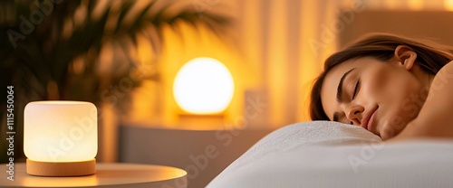 Woman sleeping peacefully in a bedroom with a bedside lamp.