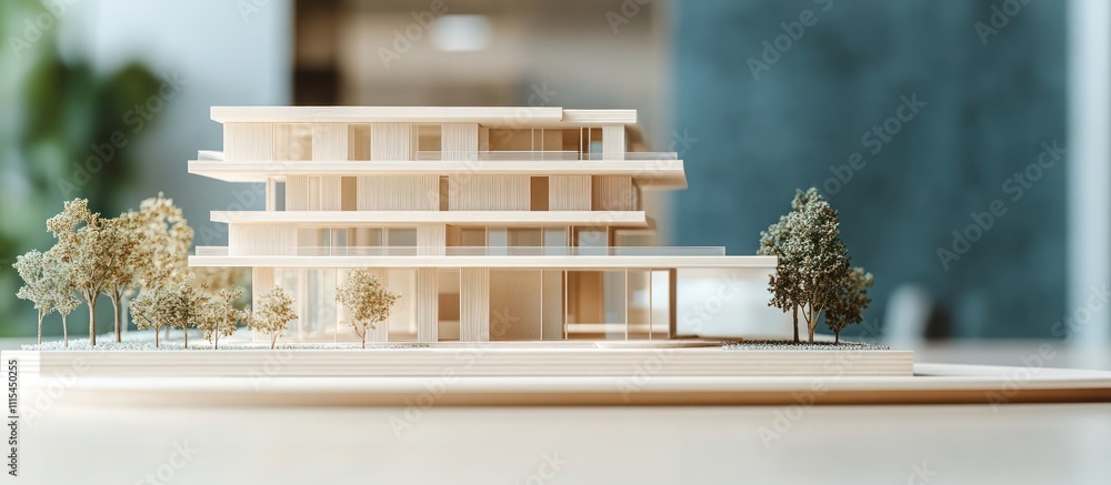 Wooden model of a three-story modern house with trees and a blurry ...