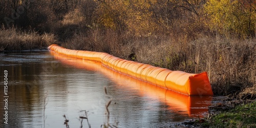 Containment boom and water anti pollution barrier serve to protect river surfaces effectively. The orange barrage acts as a vital absorbent for fuel and oil spills, aiding in pollution clearance. photo