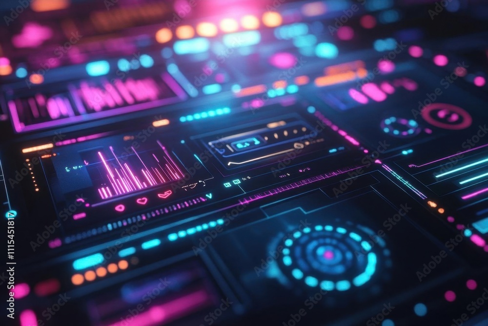 Obraz premium Abstract digital interface with vibrant colors and data visualizations.