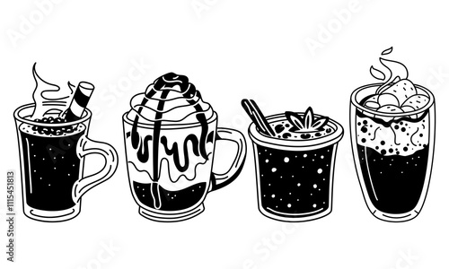 set of silhouettes of black drinks on a white background. Seamless texture of drinks for bar, restaurant. glasses are randomly placed. glasses with cozy drinks. Printing for menus on packaging, paper