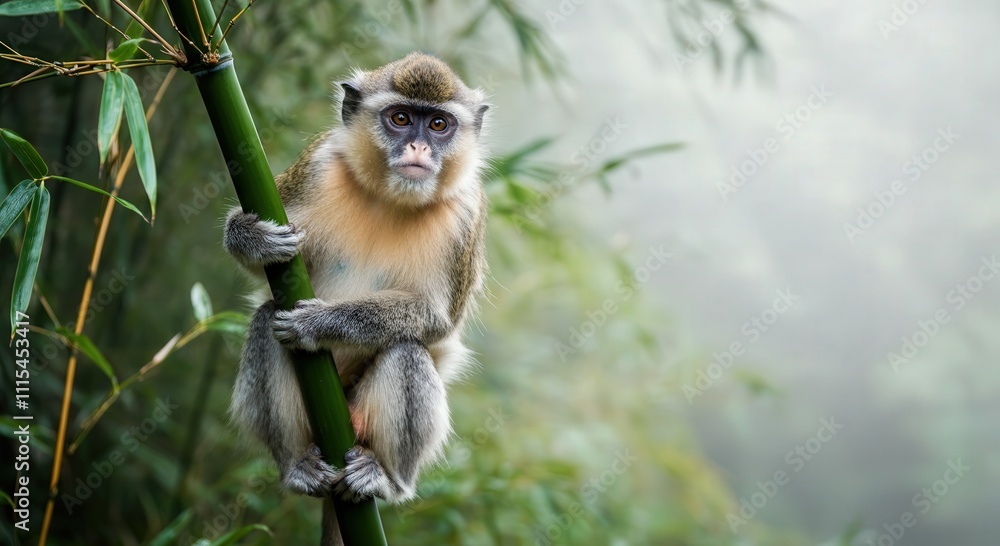 Fototapeta premium Curious primate on bamboo in misty jungle setting