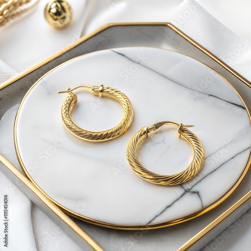 Overhead view of gold hoop earrings on a marble tray, top view of solid gold earrings on a marble jewelry holder photo