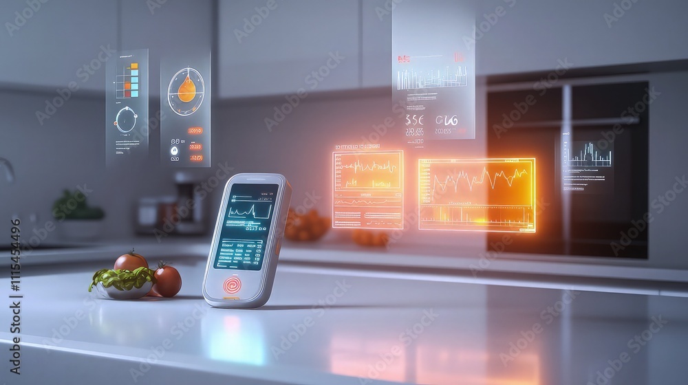 Obraz premium A clean, minimalist countertop with a glowing digital glucose monitor and floating holographic nutrition charts, representing the careful tracking involved in diabetes management.