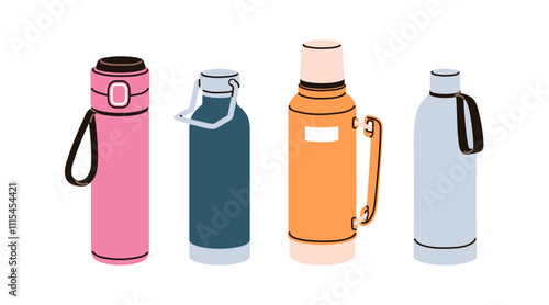 Thermos, insulated vacuum bottles with caps. Portable thermal thermic flasks for hot drink. Travel and hiking drinkware, thermo container. Flat vector illustration isolated on white background