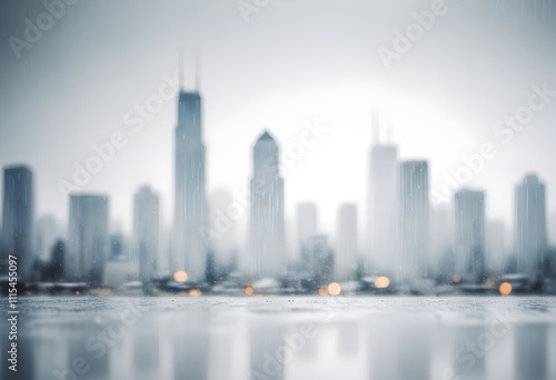 Blurred rainy cityscape with a white background
