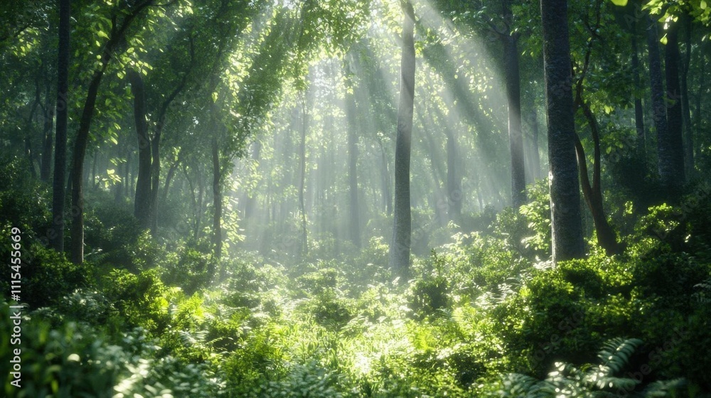 Fototapeta premium Lush forest scene with sunlight filtering through trees.