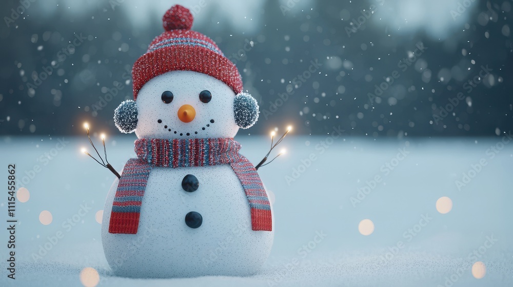 Fototapeta premium Winter wonderland a cheerful snowman in a snowy landscape celebrating the holidays