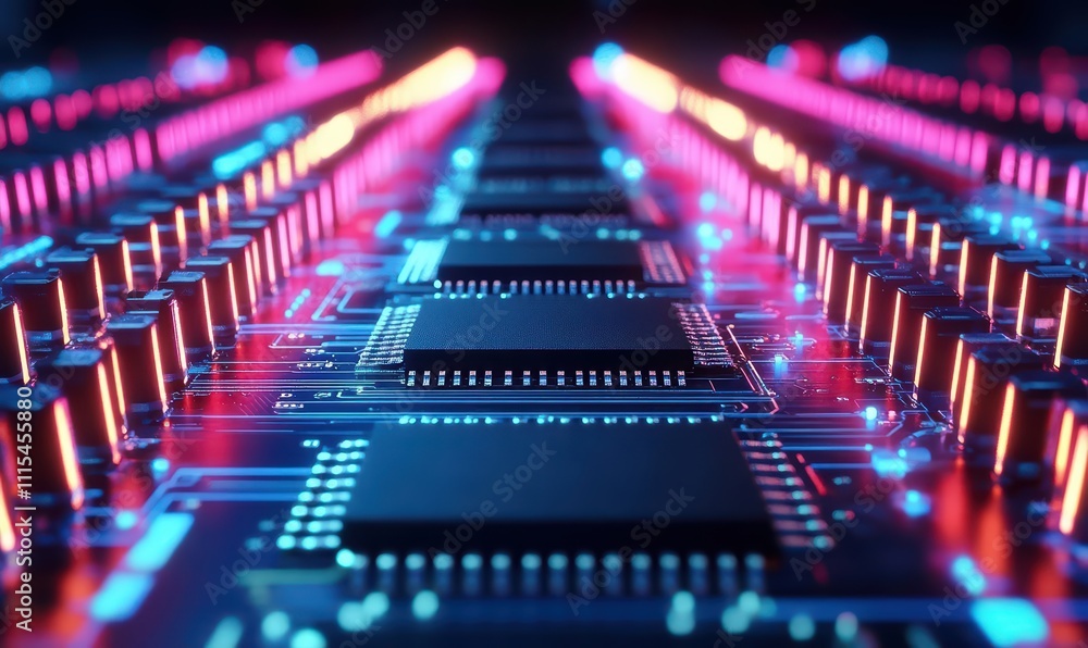 A close-up view of a futuristic circuit board with glowing elements. A close-up view of a futuristic circuit board with glowing elements.