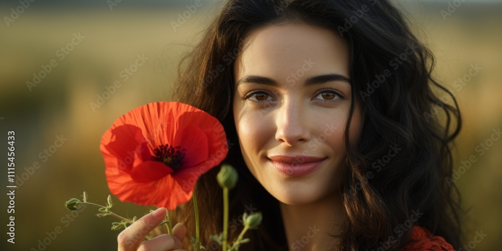 Naklejka premium Young woman in a vintage dress holding a red poppy flower up to her face in a vibrant field of poppies. Generative AI.