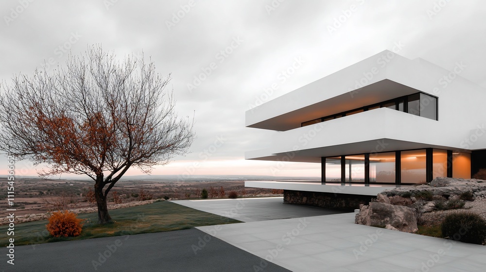 Modern white house on hilltop with scenic view. Modern white house on hilltop with scenic view.