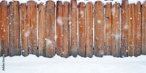 Wooden fence during winter showcases snow in motion. The old wooden boards create a perfect background for your project or concept, enhancing the beauty of winter scenes with a wooden fence. photo