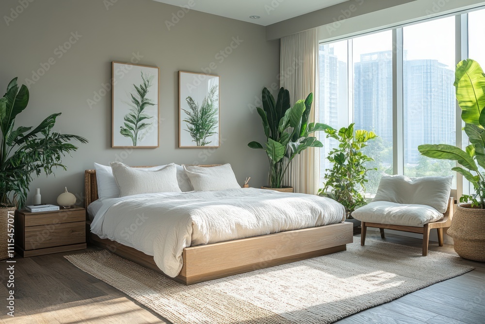 Fototapeta premium Serene Bedroom With Modern Wooden Bed And Lush Greenery