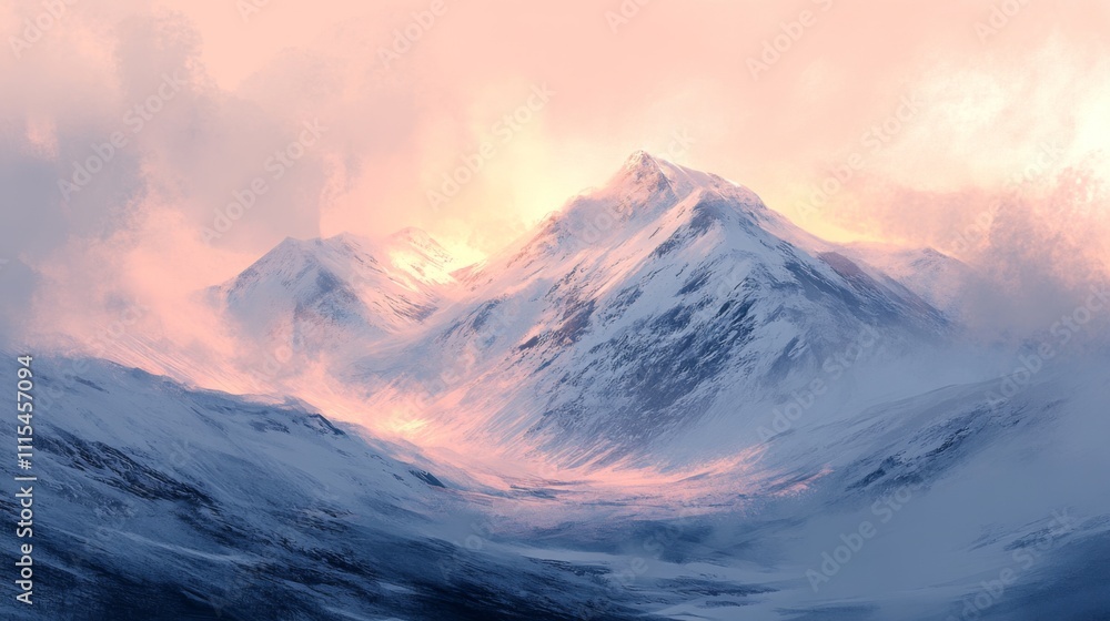 A snowy mountain peak bathed in the soft glow of a pink sunrise
