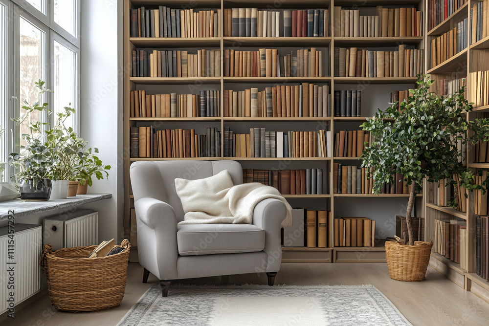 Modern library with cozy armchair and books Modern library with cozy armchair and books
