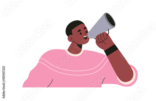 Black man speaking with megaphone for announcement, information, statement, communication. Happy speaker character with bullhorn, loudspeaker. Flat vector illustration isolated on white background