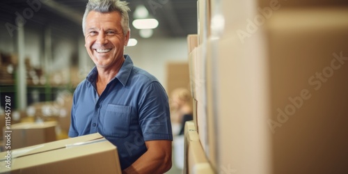 A middle-aged man working in a warehouse sending parcels with boxes. Generative AI.